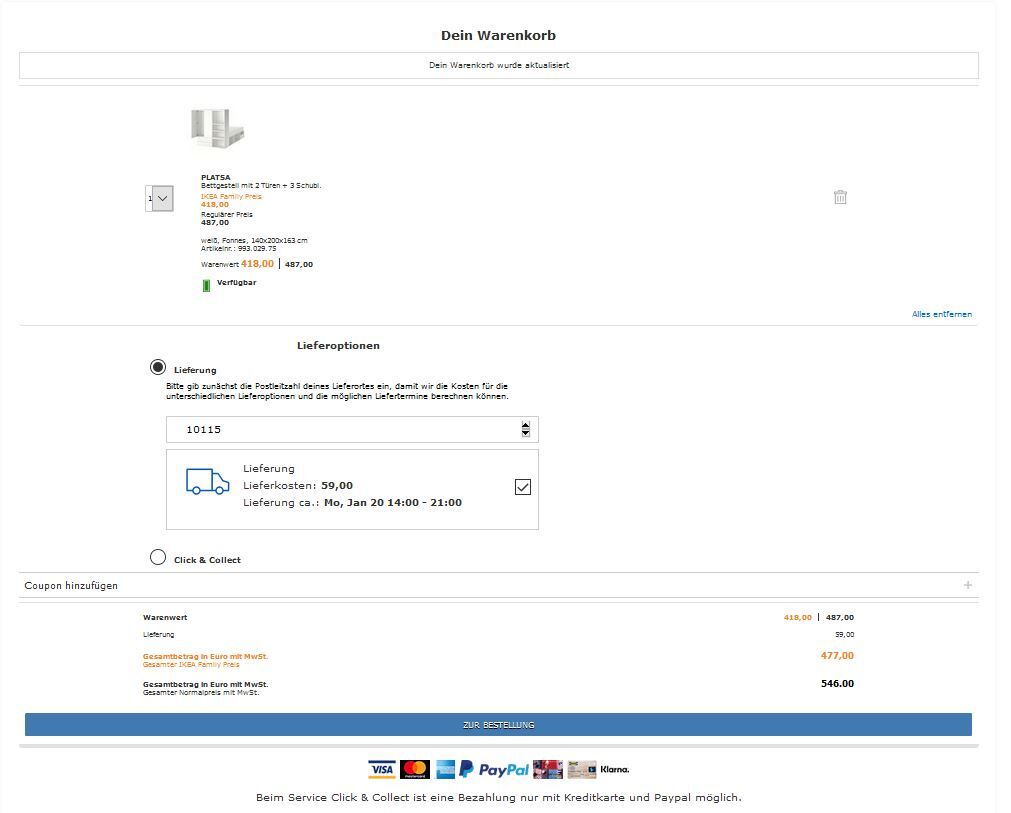 IKEA online Warenkorb